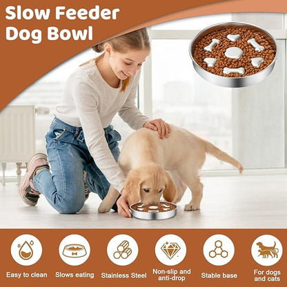 Slow Feeder Dog Bowl Stainless Steel, 2 Cups Metal Dogs Food Water Bowls with Non-Slip Pad, Stop Pet Dog Puppy Puzzle Feeder for Small & Medium Dogs to Slow Down Eating (A)