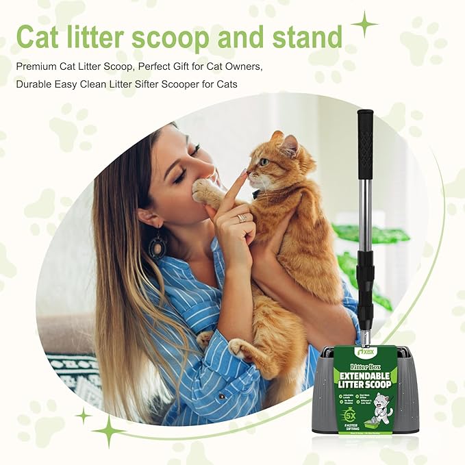 XBX Long Handle Cat Litter Scoop with Holder, Adjustable Extendable Metal Litter Scooper, Stainless Steel Shovel Sifter for Litter Box Cleaning, Durable Cat Pooper Scooper for Home Use