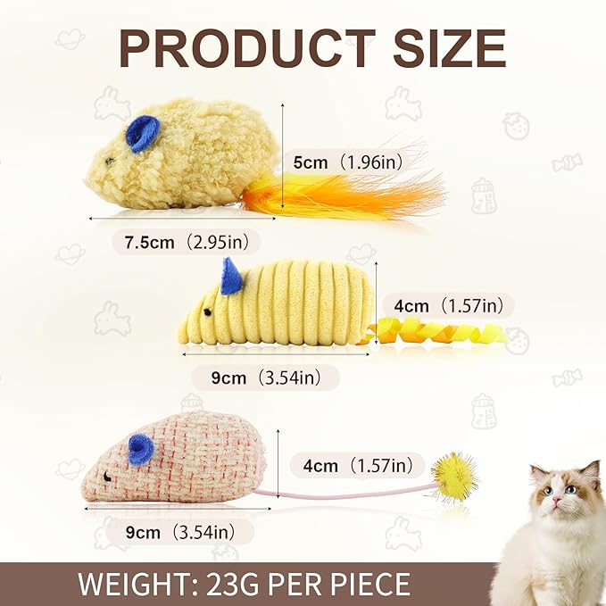 Andiker 3PCS Cat Mouse Toys, Colorful Catnip Toys for Cats with Rattle Box Ribbon Feather Interactive Cat Toys for Indoor Cats to Chew Bite Teeth Cleaning (Yellow)