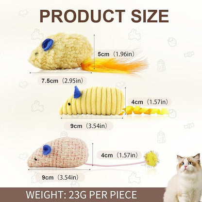 Andiker 3PCS Cat Mouse Toys, Colorful Catnip Toys for Cats with Rattle Box Ribbon Feather Interactive Cat Toys for Indoor Cats to Chew Bite Teeth Cleaning (Yellow)