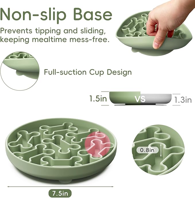 Silicone Slow Feeder Dog Bowl – Green Bone Pattern | Food-Grade Non-Slip Dog Dish for Anti-Bloat, Fast Eating Prevention, 7.5” x 1.5”, Dishwasher Safe