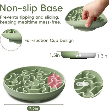 Silicone Slow Feeder Dog Bowl – Green Bone Pattern | Food-Grade Non-Slip Dog Dish for Anti-Bloat, Fast Eating Prevention, 7.5” x 1.5”, Dishwasher Safe