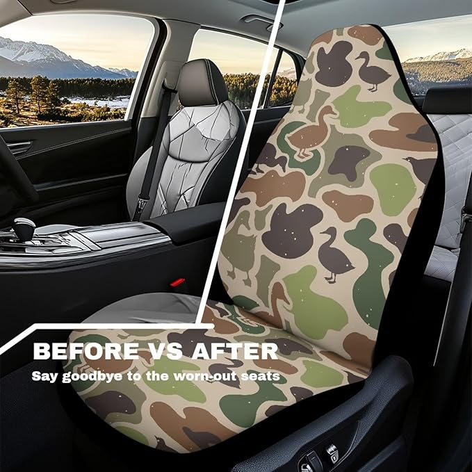 Car Seat Covers Waterproof Breathable Duck Hunter Camo Front Seat Cover Protection Interior Accessories Easy to Install and Clean Universal for Auto Truck Van SUV 2 Pcs
