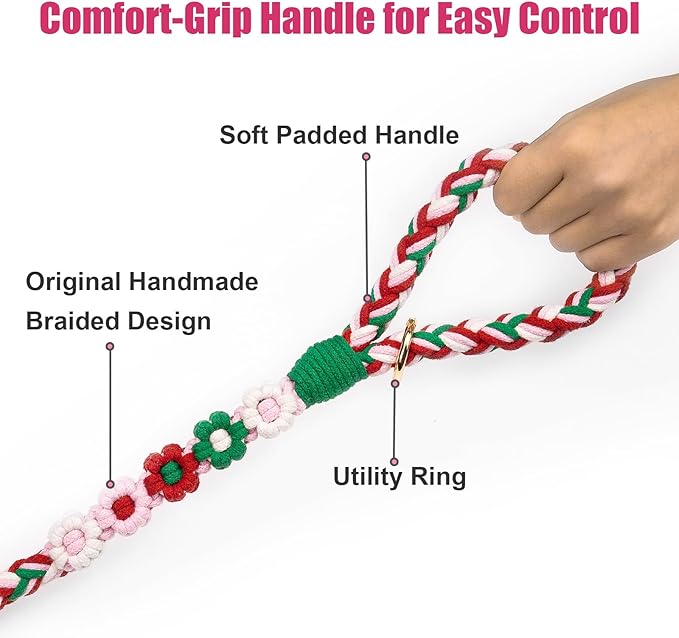 Handmade 5ft Braided Cotton Dog Leash with Unique Floral Handle, Durable and Stylish, Ideal for Small to Large Dogs,Strawberry