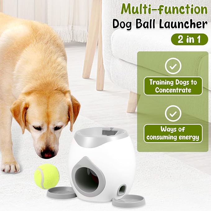 Dog Ball Launcher, Interactive Dog Training Toy, Tennis Ball Reward Machine with Automatic Treat Dispenser, Puppy Balls Thrower Machine, Training Automatic Feeder for Small and Medium Dogs (Gray)