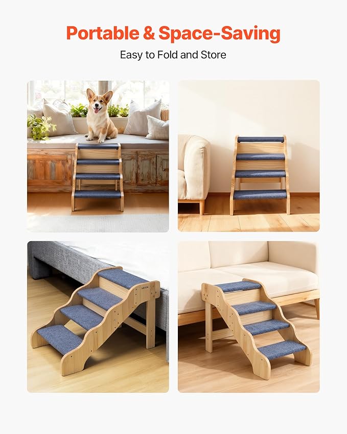 VEVOR Wood Pet Stairs, 4-Step Dog Stairs for High Beds, Sofa & Cars, 150lbs Load Capacity, Non-Slip Surface, Stable Cat & Dog Step Ladder for Small Medium Large Older Pet Puppy Essentials
