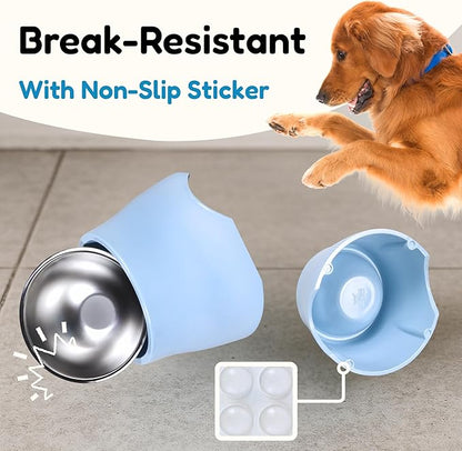 Elevated Spaniel Dog Bowl, Melamine Raised Dog Food Bowl for Long-Eared Dogs, Raised Dog Bowls for Small & Medium Dogs, Stainless Steel Inner Bowl, Non-Slip Base (Light Blue, M (420 ML / 1.5 Cups))