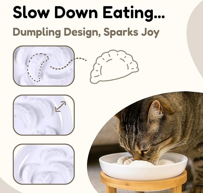 Slow Feeder Bowl, 6.3″ Elevated Cat Bowl with Stand, Melamine Wide Shallow Food Bowl, Whisker-Friendly Raised Plate, Wet Food Feeder for Slow Eating (White)
