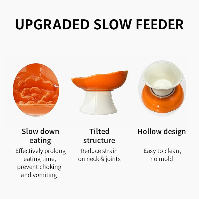 Ceramic Slow Feeder Bowl for Cats and Small Dogs, Elevated Tilted Pet Food Dish, Whisker Friendly Anti-Vomit Design, Heavy Stable Base, Dishwasher Safe， 5 Colors Options (Tangerine Orange)