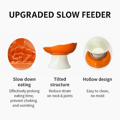 Ceramic Slow Feeder Bowl for Cats and Small Dogs, Elevated Tilted Pet Food Dish, Whisker Friendly Anti-Vomit Design, Heavy Stable Base, Dishwasher Safe， 5 Colors Options (Blush Pink)
