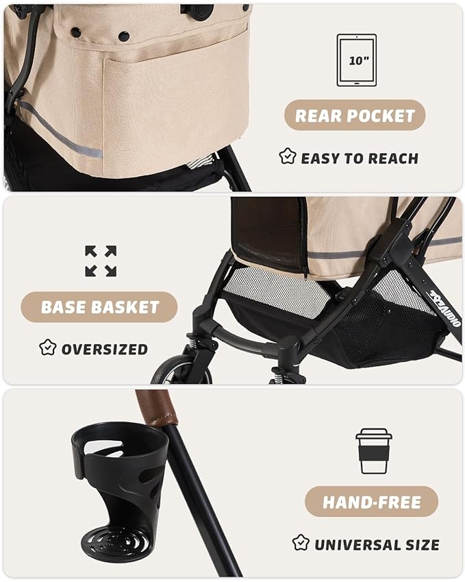 797Audio Dog Stroller for Small Medium Dogs,Pet Stroller for Cats Puppy Up to 121lbs,Foldable,One Click Folding,4 Wheel Shock Absorption,Adjustable Canopy with Sun Shades,Removable Washable Pad(Cream)