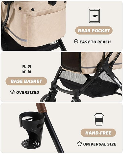 797Audio Dog Stroller for Small Medium Dogs,Pet Stroller for Cats Puppy Up to 121lbs,Foldable,One Click Folding,4 Wheel Shock Absorption,Adjustable Canopy with Sun Shades,Removable Washable Pad(Cream)