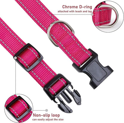 Reflective Dog Collar with Buckle Adjustable Safety Nylon Collars for Small Medium Large Dogs, Pink XL