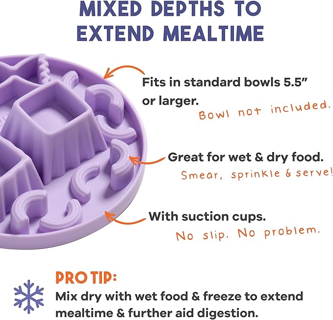 Awoo Snackaroni - Silicone Slow Feeder for Dog Bowls Over 5.5-Inches - Non-Slip, Wet and Dry Food-Compatible Pet Dish with Suction Cups - Extends Mealtime for Fast Eaters - Dishwasher Safe (Lavender)