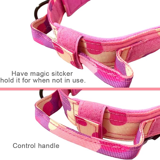 Xqpetlihai Tactical Dog Collar and Leash Set Adjustable Military Nylon Dog Collar with Control Handle and Heavy Duty Metal Buckle for Large Dogs （Pink Camo XL