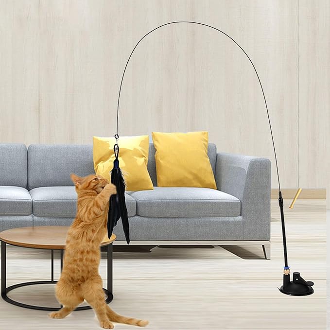 Cat Wand Toy - Flexible Cat Feather Stick Toy, Cat Teaser Stick with Detachable Feather | Easy to Install Cat Play Wand, Cat Stimulating Toy, Suction Cup Toy for Cats Exercise and Interactive Play