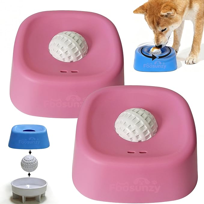 Slow Feeder Dog Bowls for Liquid with Rolling Ball, Interactive Lick Bowl Licking Slow Feeder for Wet Food, Water & Treats Lick Toy for Dogs Cats Large Medium Small (Style1-Pink+Pink)