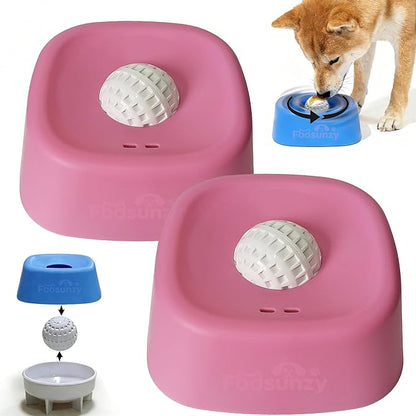 Slow Feeder Dog Bowls for Liquid with Rolling Ball, Interactive Lick Bowl Licking Slow Feeder for Wet Food, Water & Treats Lick Toy for Dogs Cats Large Medium Small (Style1-Pink+Pink)