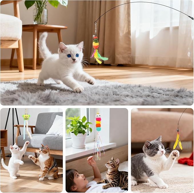 Interactive Cat Toys, 15PCS Cat Wand and Feather Toys for Indoor Cats, Reusable Suction Cup Toys for Kittens Play Exercise