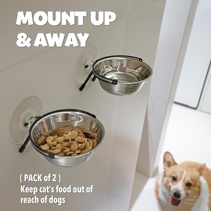 PETKARAY Window Bowls for Indoor Cats, 12 Ounces Food Bowl for Window, Dog Proof Cat Feeding Station, Foldable Stainless Bowl (Pack of 2)