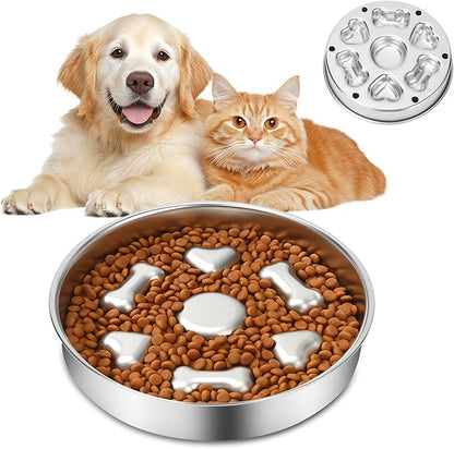 Slow Feeder Dog Bowl Stainless Steel, 2 Cups Metal Dogs Food Water Bowls with Non-Slip Pad, Stop Pet Dog Puppy Puzzle Feeder for Small & Medium Dogs to Slow Down Eating (A)