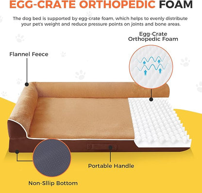 Dog Bed Large Sized Dogs, XXL Orthopedic Dog Bed for Large Dogs, Waterproof Pet Bed with Washable Removable Cover, L-Shaped Pet Couch with Portable Handle 48"x35"x7.5", Brown