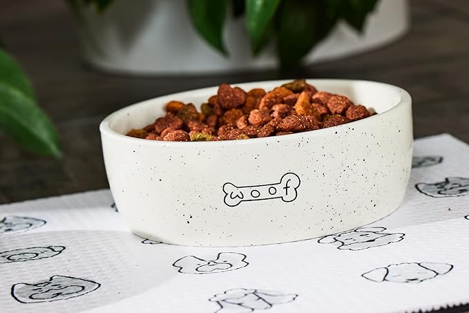 Pearhead Ceramic Dog Bowl – “Woof” Speckled Pet Food & Water Dish, Durable Stoneware, Non-Slip Heavy Base, 20 oz, Medium