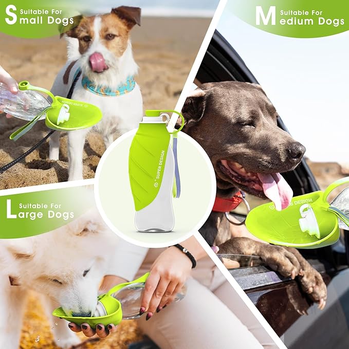 SUPERDESIGN Dog Water Bottle, Portable Dog Water Bottle for Small to Large Dogs, Leak Proof Dog Travel Water Bottle, Small Leaf Travel Water Bowl for Dogs and Dog Walking Accessories (19.6OZ, Green)