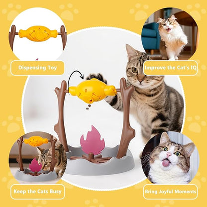 Cat Slow Feeder, Interactive Cat Puzzle Toy Treat Dispenser - BBQ Campfire Grill Design, Adjustable Rotating Roast Fish Flame Mental Stimulation Food Dispensing Toy for Indoor Cats Kittens
