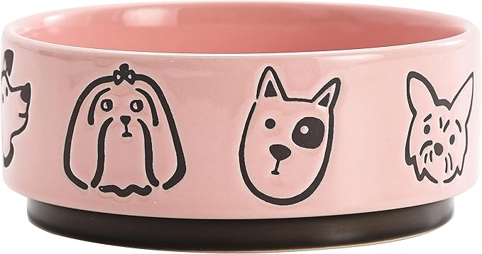 Bico Cute Dog Face Pink Ceramic 26oz Pet Bowl, for Medium Size Dog, Puppy, Durable and Dishwasher Safe Stoneware