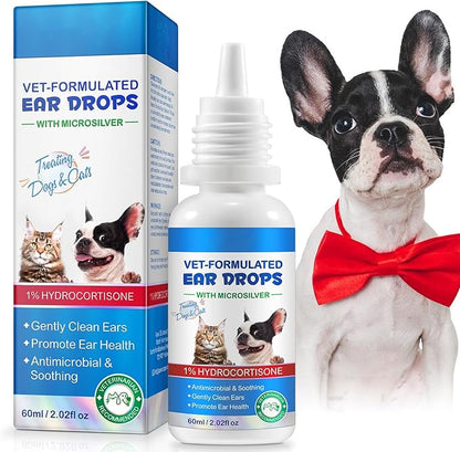 Cat & Dog Ear Infection Treatment Drops, Ear Cleaner to Soothe and Relieve Itchness, with 1% Hydrocortisone for Dog Ear Infections, Prevents Inflammatio, Treats Ear Infections- 2.02 Fl.Oz