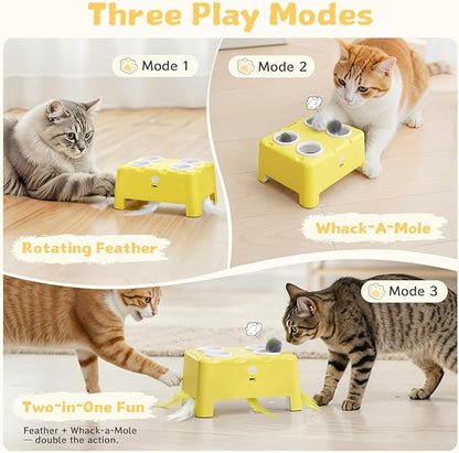 Cheese Box Interactive Cat Toy for Indoor Cats, 3-in-1 Whack a Mole Feather Toy, 3 Modes Rechargeable Auto Cat Toys for Bored Cats, 4 Holes Kitten Toy, 4 Accessories (Yellow)