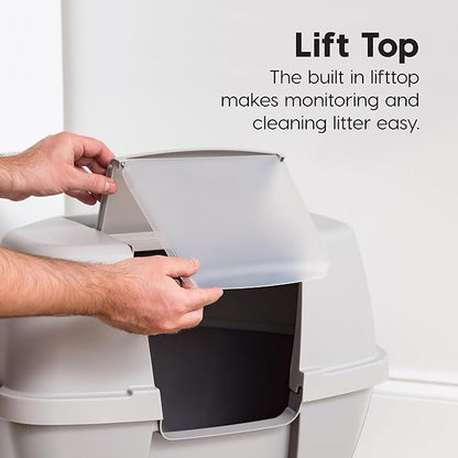 IRIS USA Corner Cat Litter Box - Enclosed Corner Litter Box with Scoop, Hooded Litter Tray for Corners, Space-Saving Covered Litter Box, Odor Defensive, Gray