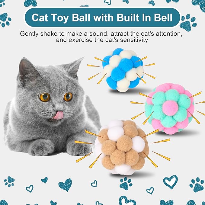 Cat Toys Balls 6 Pieces with Bells 5cm Soft Cat Pom Poms Balls Cats Interactive Ball Toy for Cats Kitten Indoor Outdoor Playing Chewing Scratching