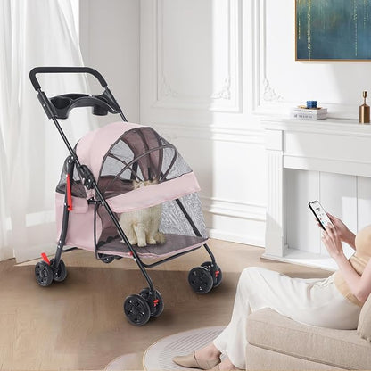 Foldable Pet Stroller w/Lockable Brakes,40lbs Capacity Ventilated Mesh Carrier Cart for Small Medium Dogs & Cats,Dog Stroller (Pale Pinkish Grey)