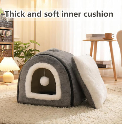 Cat Bed for Indoor Cats，Foldable cat cave，Anti-Slip & Water-Resistant Bottom，cat Houses for Indoor Cats or Small Dogs, Kitten Tent, Rabbit Bed，2 in 1 pet Bed (Dark Grey)