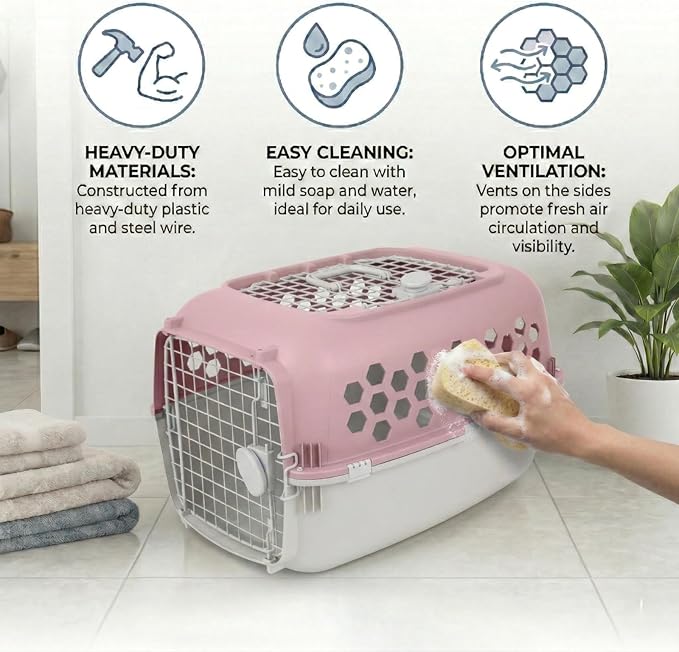 Hard-Sided Pet Carrier for Dogs and Cats | 24-Inch Top-Load Travel Kennel with Double Door Entry | Heavy-Duty Plastic Crate for Vet Visits & House Training, Pink/Gray, Up to 30 lbs Capacity