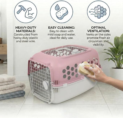 Hard-Sided Pet Carrier for Dogs and Cats | 24-Inch Top-Load Travel Kennel with Double Door Entry | Heavy-Duty Plastic Crate for Vet Visits & House Training, Pink/Gray, Up to 30 lbs Capacity
