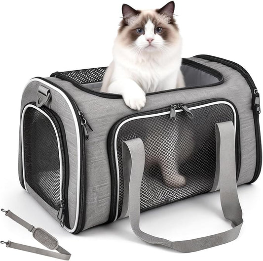 Airline Approved Cat Carrier, Soft Sided Pet Carrier for Small Dogs Cats up to 15lbs, Collapsible Sturdy Cat Travel Carrier, Claw-Resistant Mesh & Self-Locking Zippers (17.7x10.8x11) (Grey)