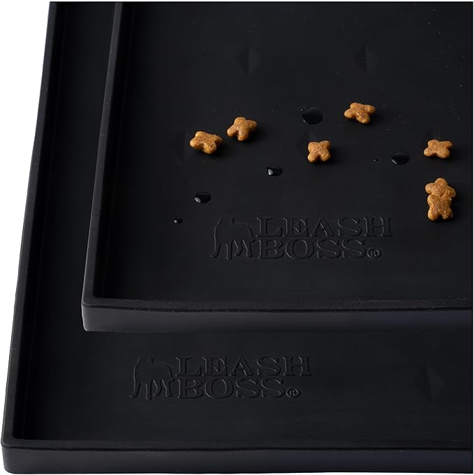 Leash Boss Dog Food Mat - 2-Pack, Waterproof Cat & Dog Bowl Mat for Food and Water, Silicone Pet Feeding Mats for Floors, Non-Slip Placemat with High Edges, Puppy Essentials (Small: 18"x11", Black)
