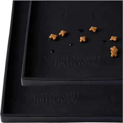 Leash Boss Dog Food Mat - 2-Pack, Waterproof Cat & Dog Bowl Mat for Food and Water, Silicone Pet Feeding Mats for Floors, Non-Slip Placemat with High Edges, Puppy Essentials (Small: 18"x11", Black)