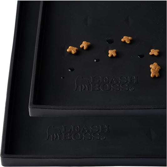 Leash Boss Dog Food Mat - 2-Pack, Waterproof Cat & Dog Bowl Mat for Food and Water, Silicone Pet Feeding Mats for Floors, Non-Slip Placemat with High Edges, Puppy Essentials (Small: 18"x11", Black)