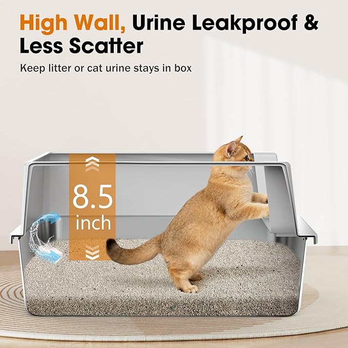 2PACK Stainless Steel Cat Litter Box with Lid, High-Sided Metal Litter Pan for Small Cats, Kitty Litter Box, Non-Stick & Odor-Resistant, Anti-Urine Leakage, Easy to Clean, Scoop Included