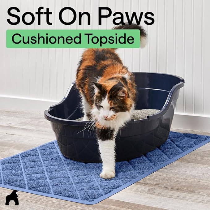 GORILLA GRIP Cat Litter Box Mat, 47x35, Cushioned Coil Mesh Litter Trapping Mats, Scatter Control Supplies for Less Mess, Phthalate Free, Ultra Deep Catch Grooves, Rinse or Vacuum to Clean, Navy Blue