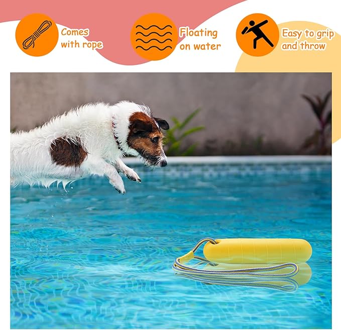 2 Pcs Dog Pool Float Toy with Throw Rope 9.8 x 1.6 Inches Dog Bumpers for Water Retrieving Puppy Training Chew Toys for Hunting Training Pool Outdoor (Yellow, Orange)
