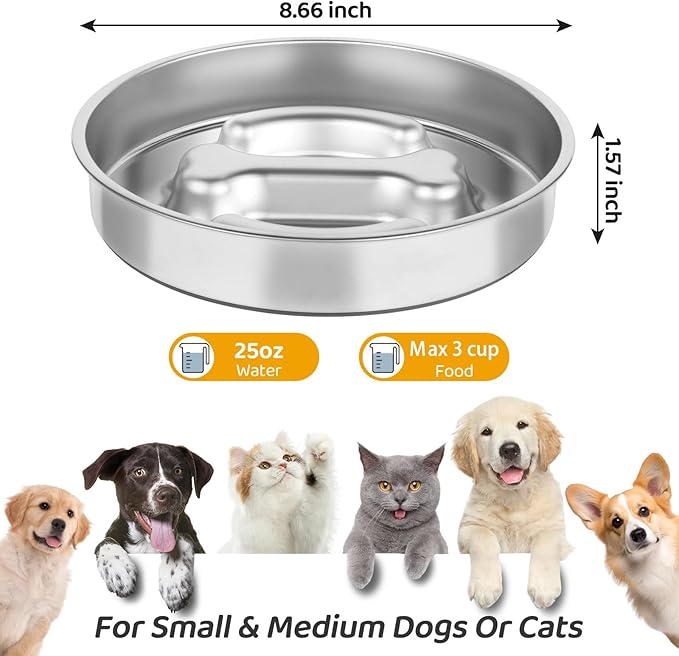 Slow Feeder Dog Bowls Stainless Steel,Anti-Slip Slow Eating Dog Food Bowl,Double-Sided Bones Design dig Dish, 3 Cups Capacity for Small and Medium Dogs Slow Down Eating