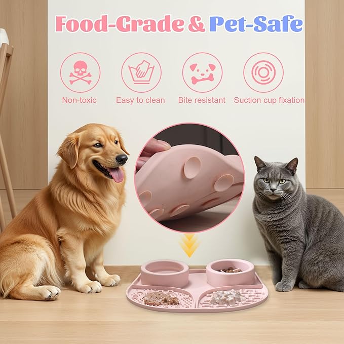 Silicone Slow Feeder Dog Bowls & Cat Bowls, 2 Cups Small Pet Food Bowl with Non-Slip Suction Base, Food-Grade Safe Puzzle Feeder for Small & Medium Dogs & Indoor Cats (Bowl & Lick Mat (Pink))