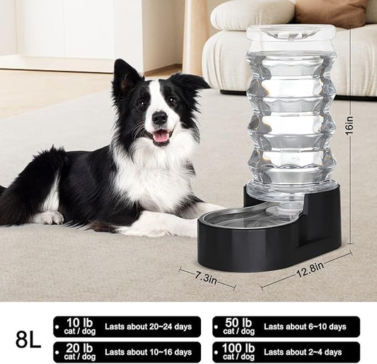 RIZZARI Dog Water Bowl Dispenser :Ion Exchange System with Activated Carbon- Helps Prevent Urinary Stones - Removes Odors -Softens Water- 8L Gravity Black Stainless Steel Automatic Waterer