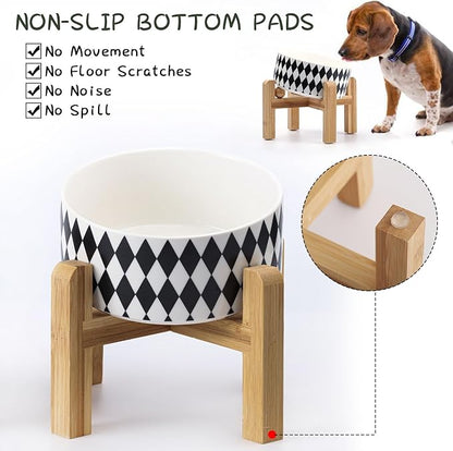 Petygooing Elevated/Raised 15°Slanted Ceramic Dog Bowl for Small and Medium Breeds, Tilted Anti Slip Pet Bowl,Food Water Dish with Stand for Cats and Dogs (28 OZ/3.6 Cups) Black Rhombus