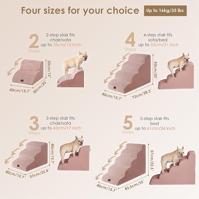 EHEYCIGA Curved Dog Stairs Ramp for Small Dogs 15.7" H, 3-Step Dog Steps for Couch Sofa and Chair, Pet Stairs for Cats, Non-Slip Balanced Pet Steps Indoor, Dusty Pink